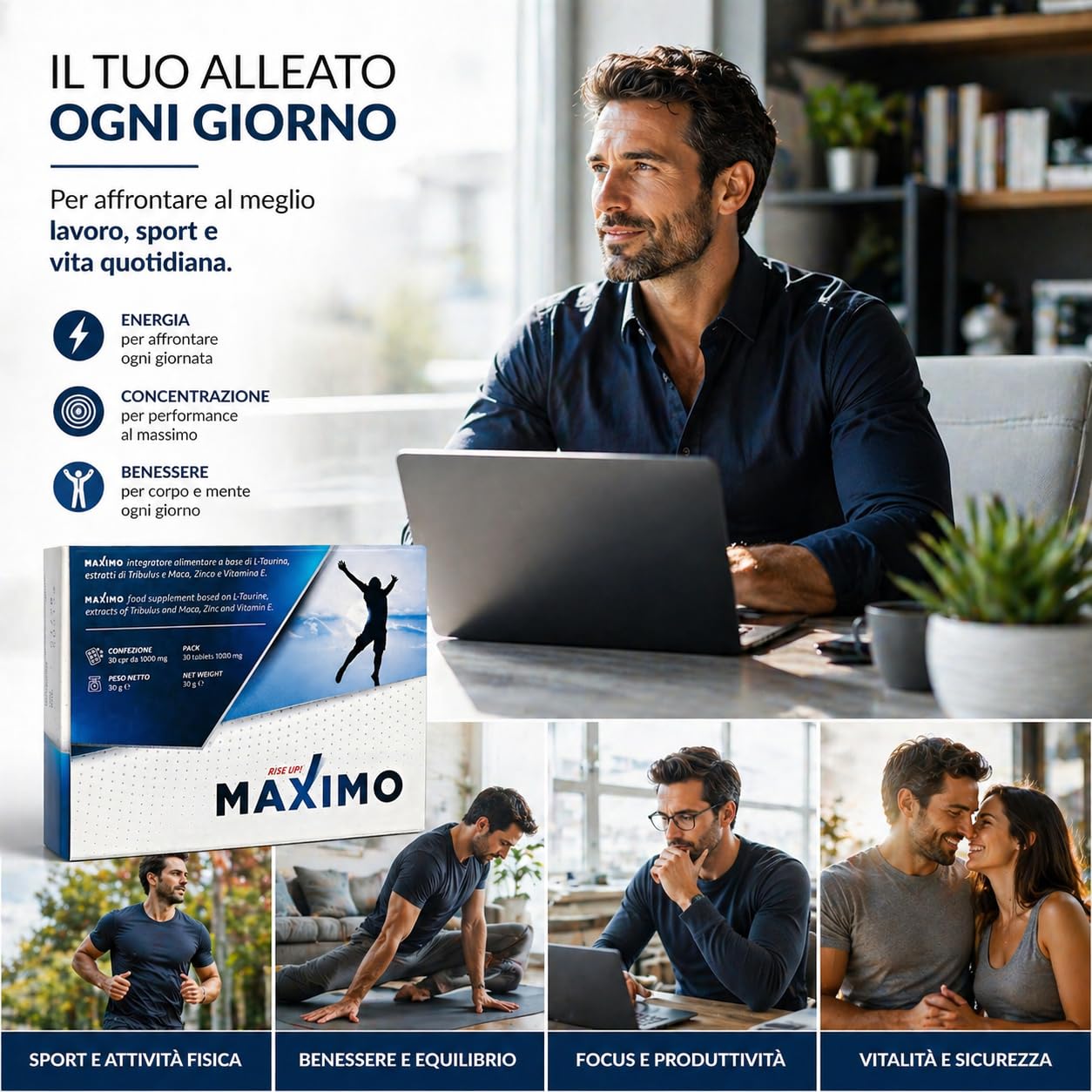 MAXIMO RiseUp Integratore Energia e Vitalità | Maca, Taurina, Zinco e Vitamina E | Supporto al Metabolismo Energetico | 30 Compresse Senza Glutine e Lattosio