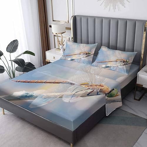 MPNVYU Juego de sábanas de libélula tamaño King, sábanas y fundas de almohada de insectos 3D, 4 piezas, sábana bajera, sábana encimera y 2 fundas de