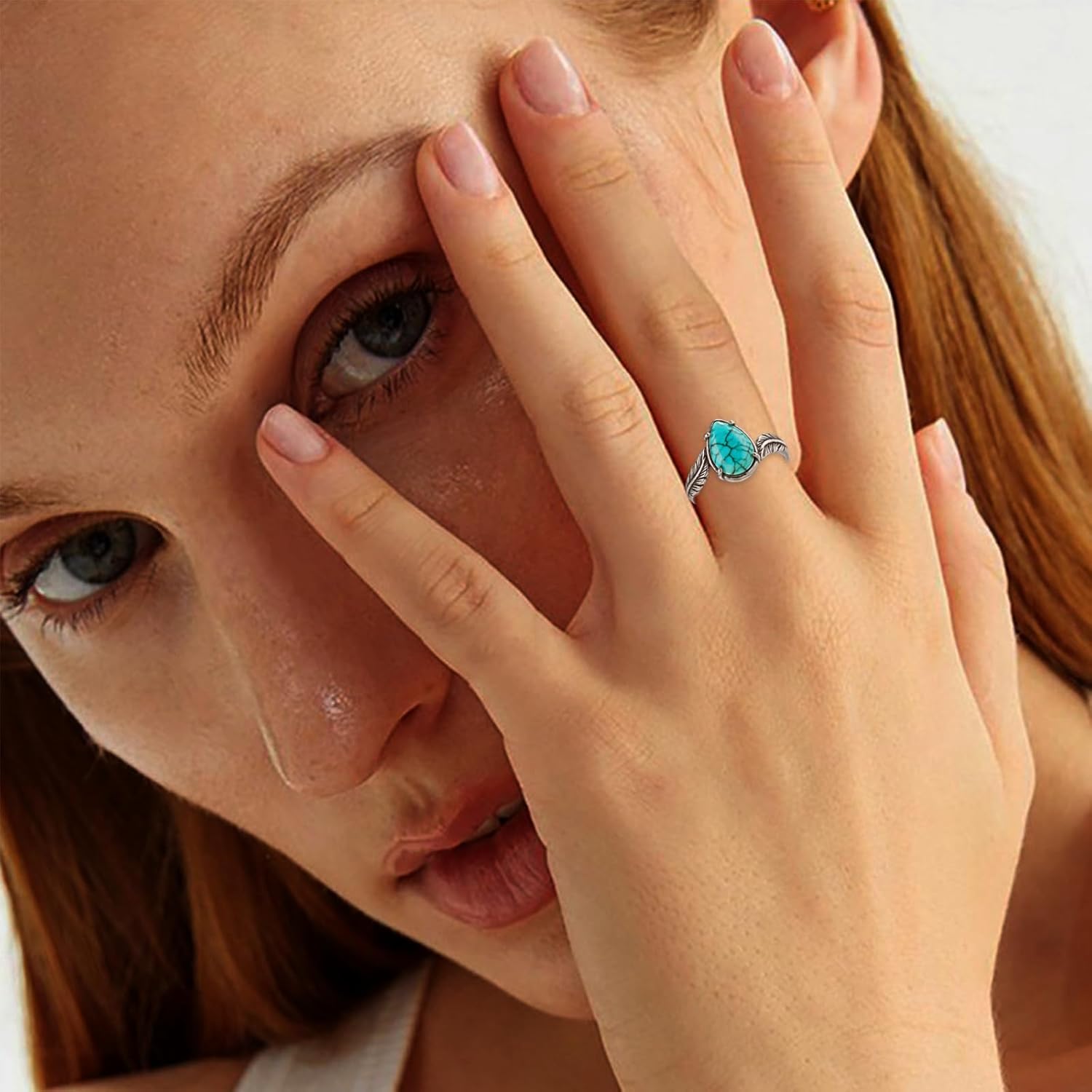 Genuine Turquoise Leaf Rings for Women 925 Sterling Silver Vintage Boho Pear Blue Gemstone Ring Native American Western Jewelry for Her Wife Mom Girlfriend in Size
