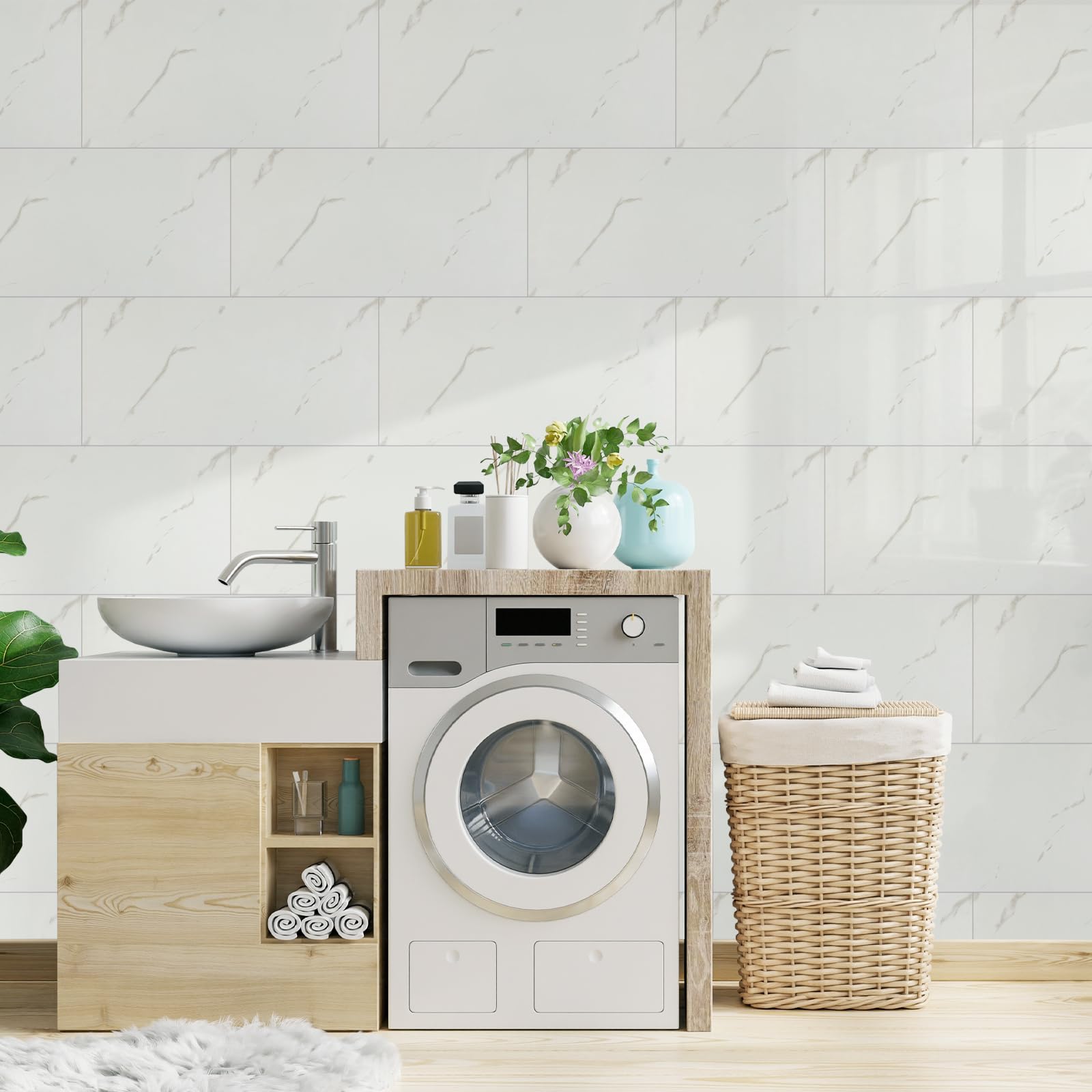 Hode 60x30cm Piastrelle Adesive Bagno Cucina Muro Bianco 10 Pezzi, Effetto Marmo Mattoni Stile Paraschizzi Adesive per Parete PVC Impermeabile Autoadesivo (MarmoBianco)