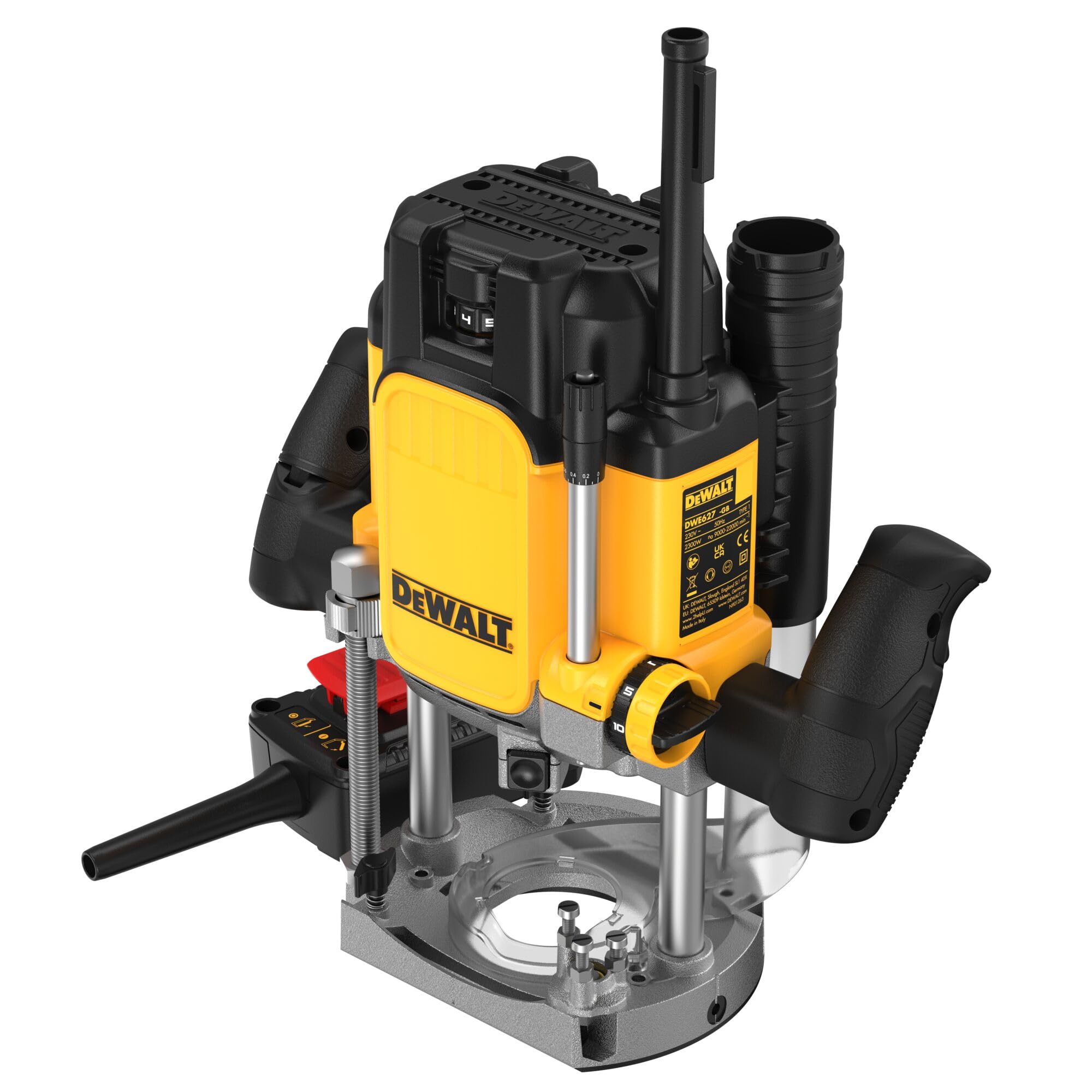 DEWALT DWE627KT-QS - Fresadora 2.300W, Recorrido de corte de 80 mm, Arranque suave y guía paralela, Incluye accesorios, adaptador de aspiración y caja T STAK VI