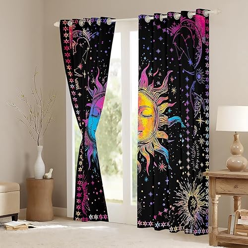 Miniatura 4 de Cortinas y cortinas bohemias con diseño de sol y luna, teñido anudado arcoíris, galaxia, psicodélica, de 84 pulgadas de ancho x 63 pulgadas de