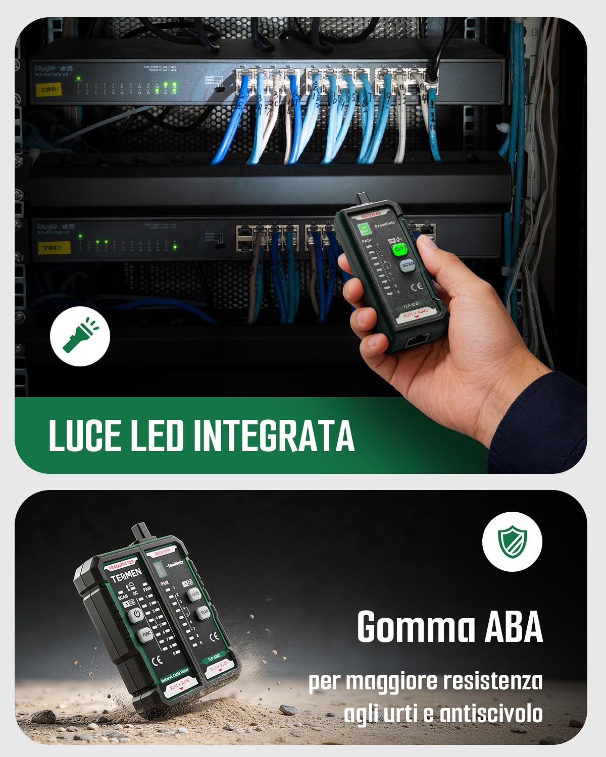 TESMEN TLP-528C Tester per cavi di rete, RJ11/RJ45, localizzatore Ethernet CAT5/CAT6 con test continuità & QC, rilevatore LAN e linee telefoniche, ideale per manutenzione cavi – Verde