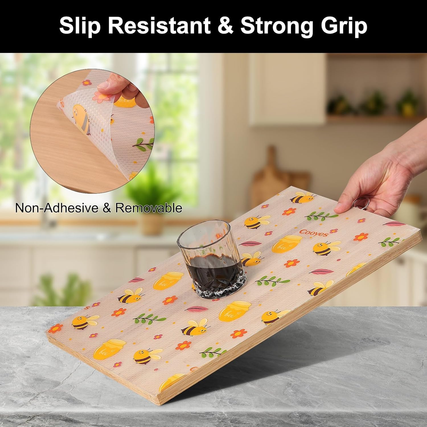 VYATIRANG Multipurpose Transparent Fridge Mat, Waterproof Anti-Skid Shelf Liner Roll, Refrigerator Drawer Cabinet Mat, Washable & Cuttable, Cupboards Mats Sheet, Oil-Proof (45x300CM Honey bee Design)