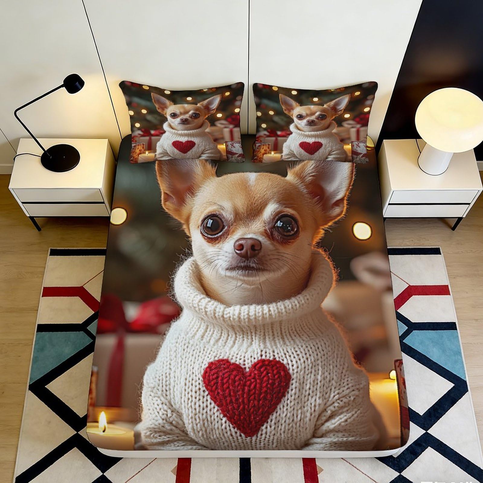 Uxinyoume Style-1 3D Printed Cute Chihuahua Dog Fitted Sheet Microfiber Soft Heart Sweater Bed Cover For Bedroom Dorm Decor 90X200x25cm