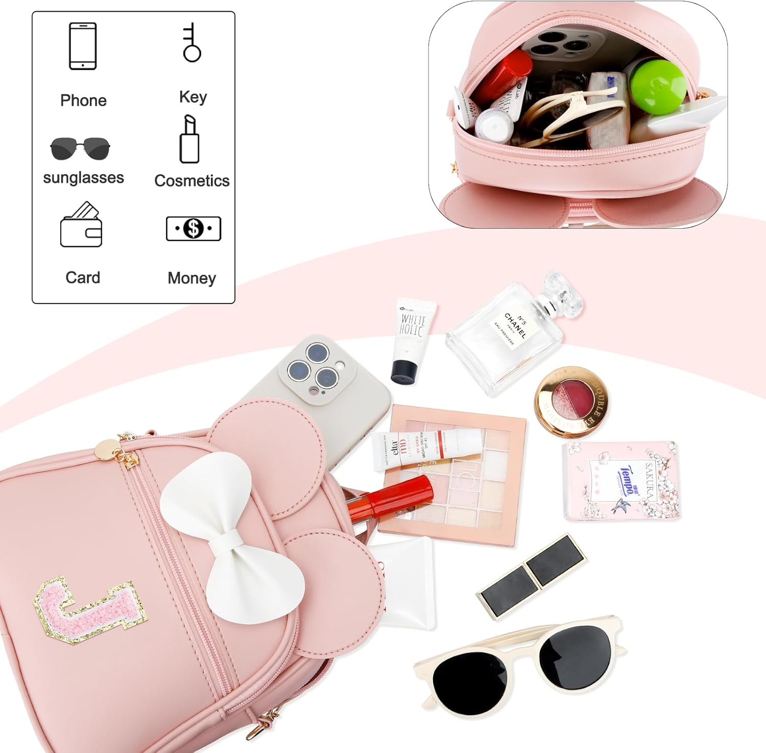 KKXIU Girls Initial Bowknot Cute Mini Backpack for Toddler, Travel Small Girl Backpacks, Personalized Birthday Gifts for Little Girls and Kids(J, Pink) - Image 5