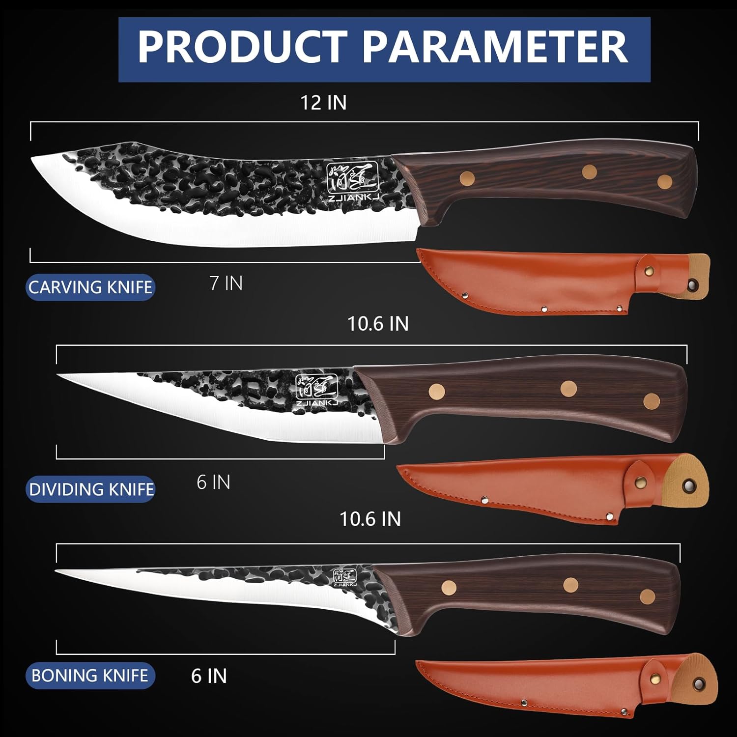 Professional 3PCS Butcher Knife Set, Very Sharp Meat Cleaver Knife & Boning knives with Knife Sheath, Meat Cutting knives for Home, Camping, BBQ Gift for Men