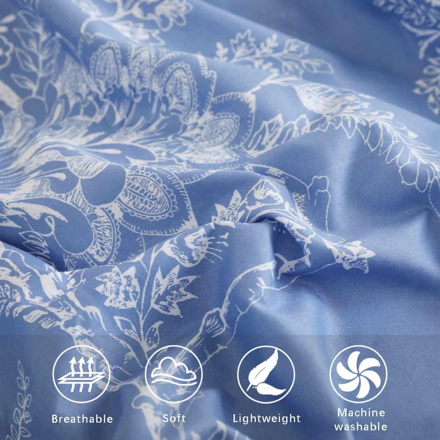 ETDIFFE Floral Duvet Cover Queen Size, 3pc Reversible Farmhouse Botanical Flower Pattern Printed Microfiber Comforter Cover Set, Aesthetic Soft & Lightweight Quilt Cover, Light Blue and White