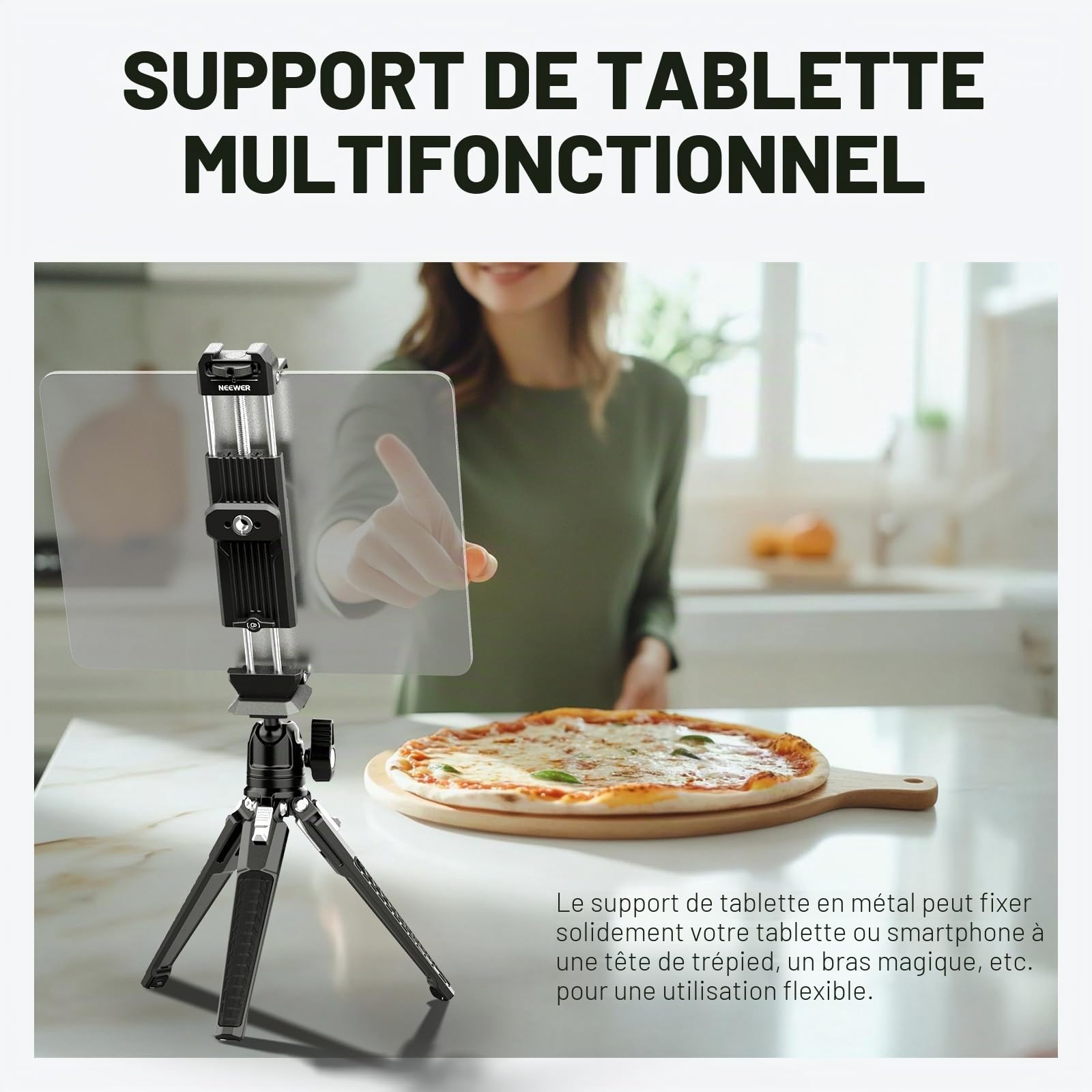 NEEWER PA100 Support de Tablette en métal pour iPad avec Griffe, Base de Type Arca, Interface OTAN, vis 1/4" pour iPad Mini Air Pro Surface Pro (7,9" à 12,9"), Pince Universelle pour Tablette