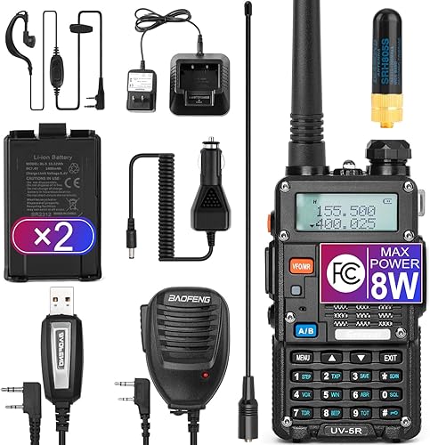 Radio de mano UV-5R 8W Radio de doble banda de 2 vías con 2 baterías recargables de 2100 mAh juego completo de walkie talkies con auricular y cable