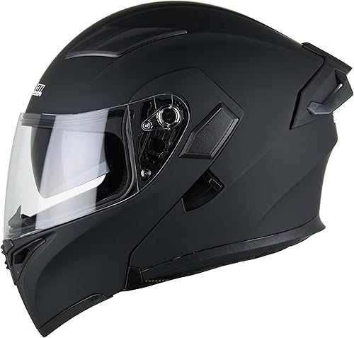 Casco de motocicleta de cara completa con doble visera, protector solar abatible modular para motocross, aprobado por DOT (negro mate, L)