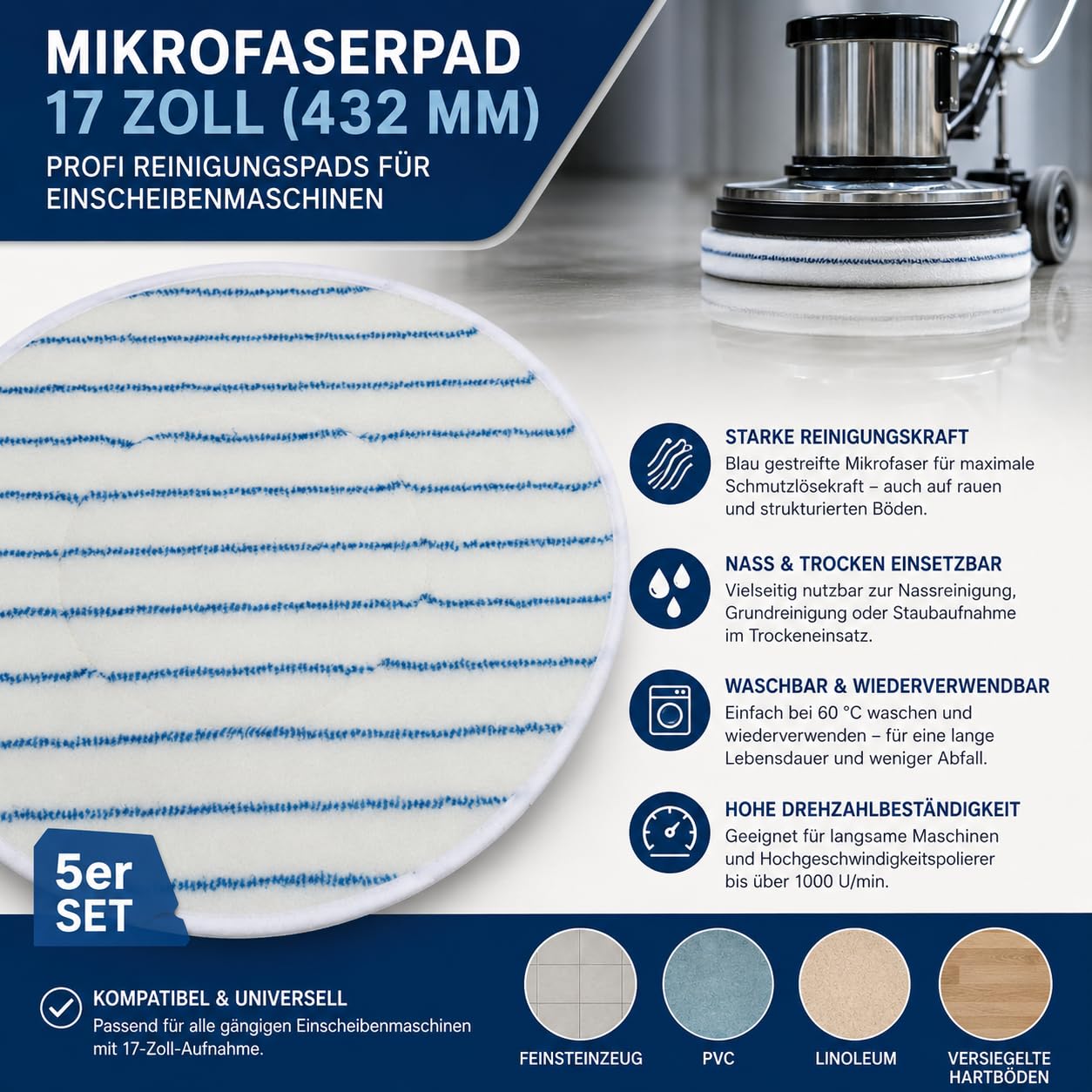 Ultra Microfibra Pad Pack de 5 | 16 pulgadas (406 mm) Almohadilla profesional para máquina | Alta eliminación de suciedad | Lavable hasta 60 °C | Mojado y seco