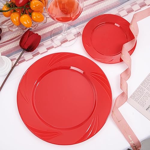 Miniatura 8 de YOUBET 125 platos de plástico rojo, cubiertos de plástico rojo, platos rojos resistentes, desechables, incluye 25 platos llanos, 25 platos de