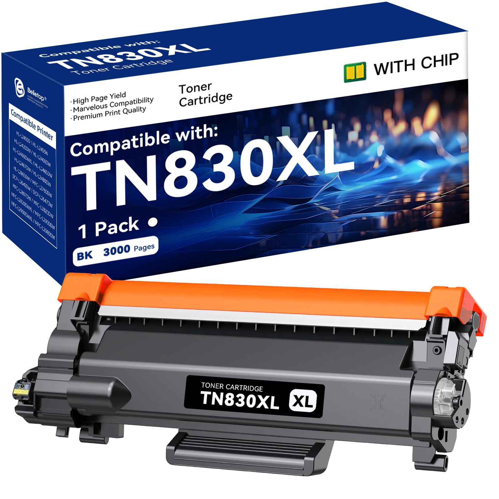 TN830XL High Yield Replacement Toner Cartridge for Brother TN830 TN-830 TN830 XL TN-830XL HL-L2460DW HL-L2405W HL-L2400D HL-L2460DWXL HL-L2865DW (1 Black)