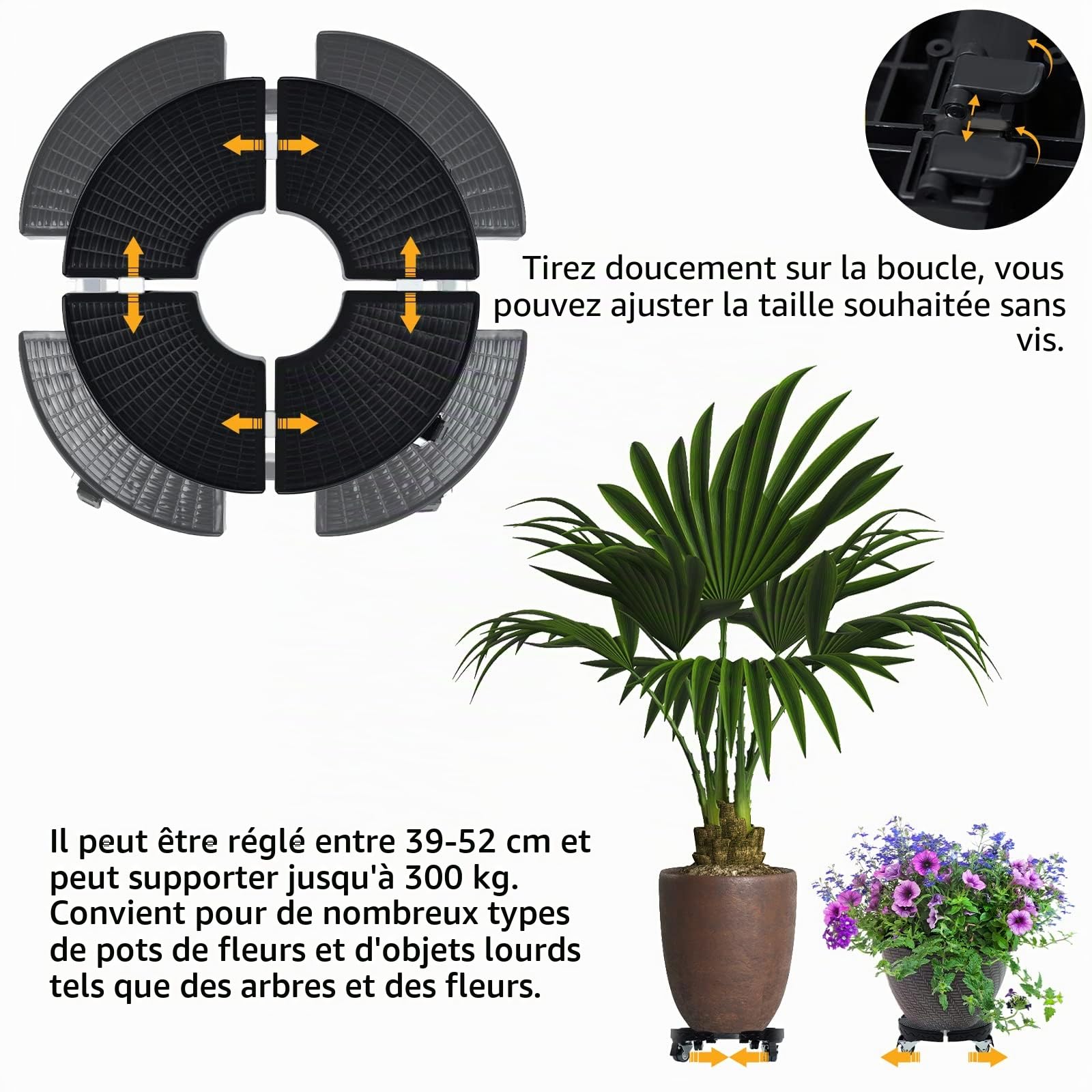 LARS360 Rouleau pour plantes de 39 à 52 cm de diamètre, réglable pour l'intérieur et l'extérieur - Avec roues rotatives à 360 °, panneau antidérapant, capacité de charge 300 kg (noir)