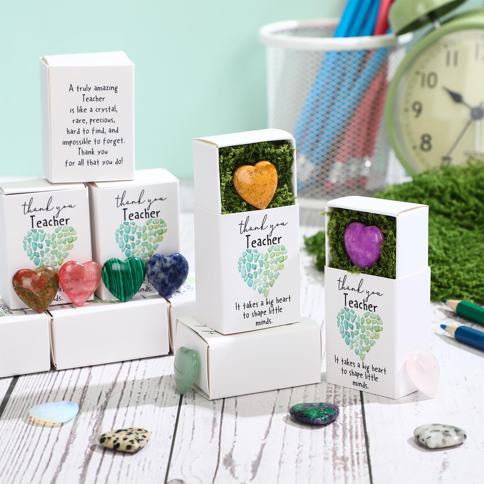 Motipuns 12 juegos de regalos de agradecimiento para profesores, piedras de cristal de musgo verde, regalos de agradecimiento a granel para mujeres, hombres, regalos de agradecimiento para empleados,