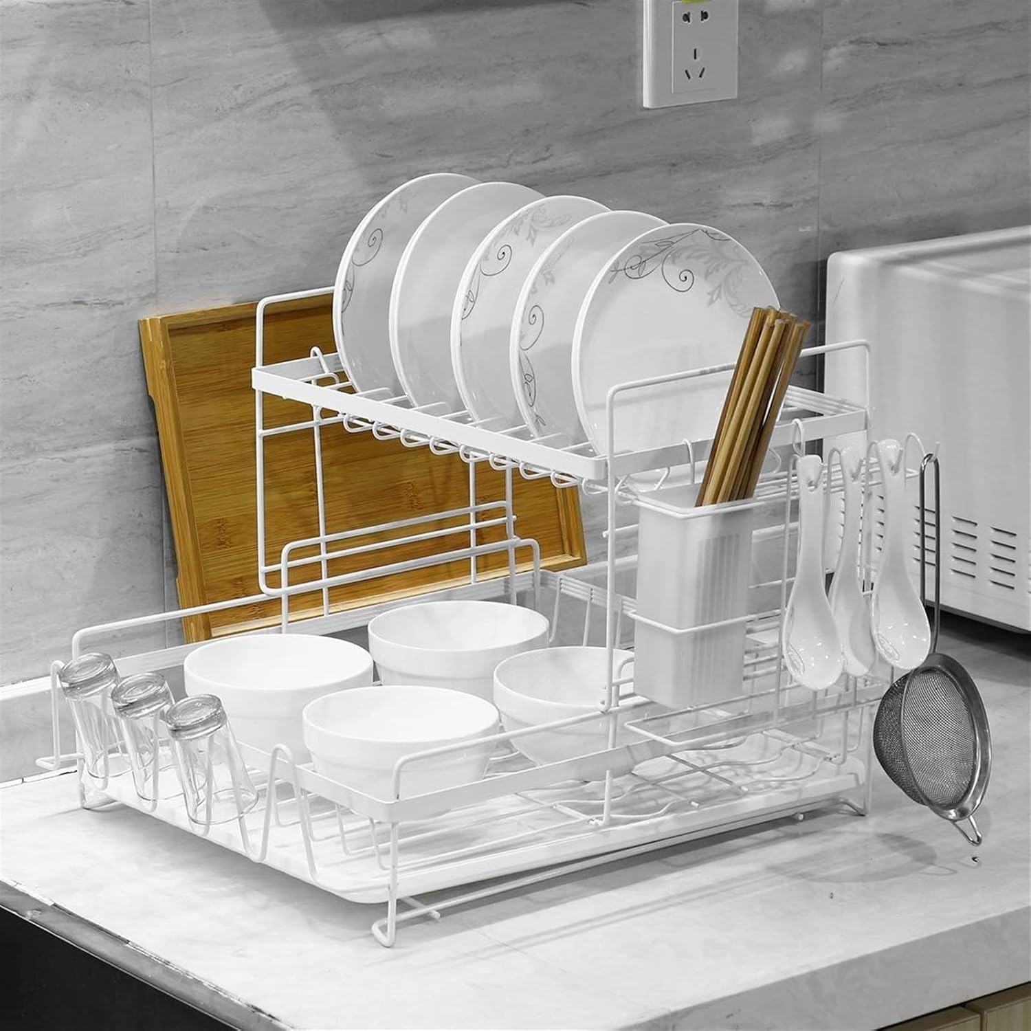 Dish Rack Tableware Storage Box Kitchen Racks Multifunctional Countertop Dish Storage Rack Dish Rack Drain Rack Bowl Rack(White,Small)