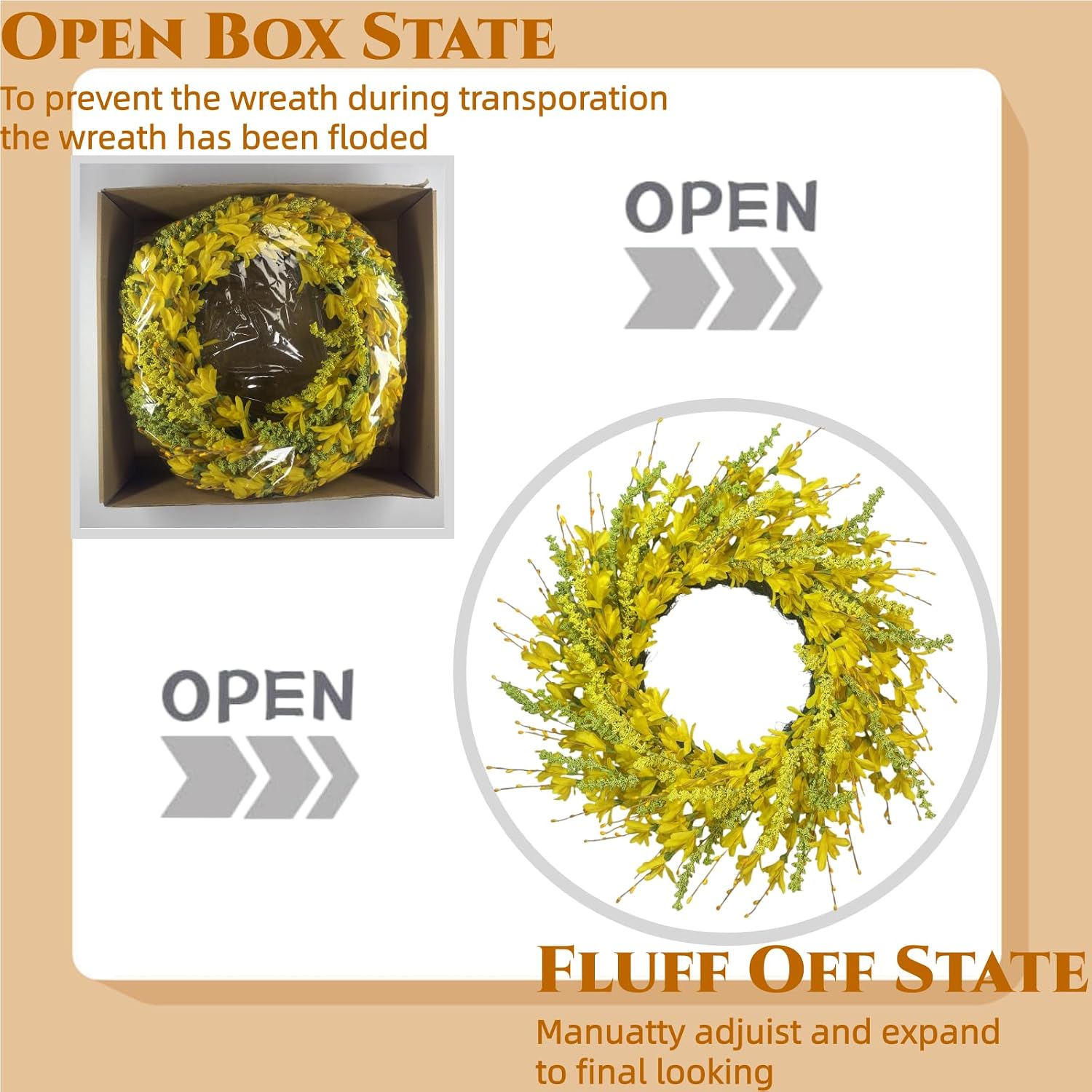 24 Inch Spring Summer Wreath for Front Door – Faux Forsythia Wreath – All-Season Indoor Outdoor Farmhouse Wall Window Porch Wedding Living Room Decor (Yellow)