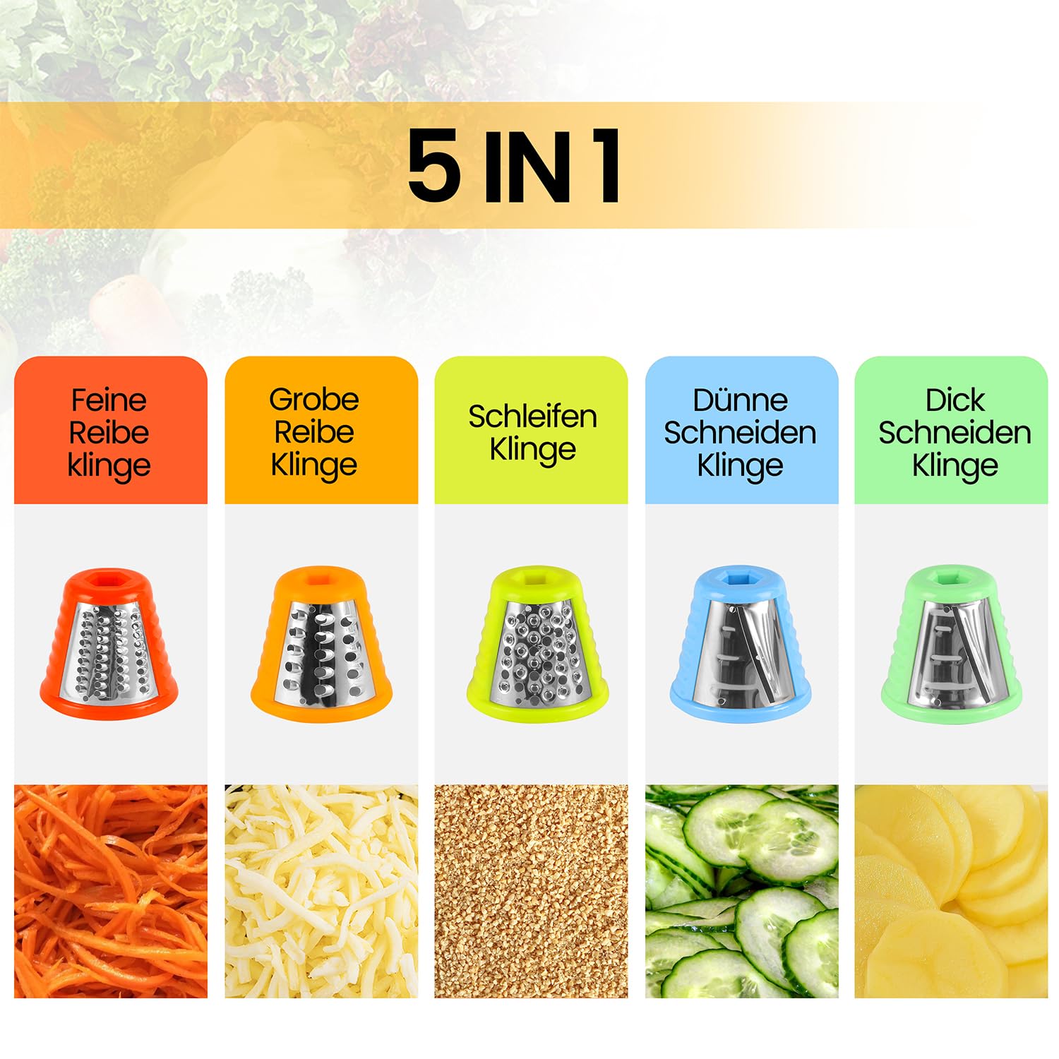Coupe-légumes électrique 5-en-1, mandoline avec 5 lames tambour interchangeables, râpe à fromage pour fruits légumes carottes noix râpe de cuisine