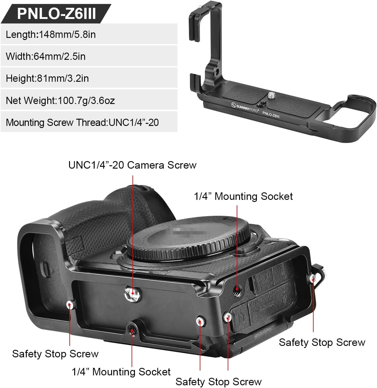 SUNWAY PNLO-Z6III L-Bracket for Z6III Camera Arca Swiss Quick Release L Plate - Image 9