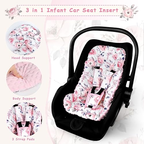 Miniatura 3 de SWESEN Inserto de asiento de automóvil infantil con 3 fundas de correa, soporte para la cabeza del asiento de automóvil para niñas, suave cojín 3 en