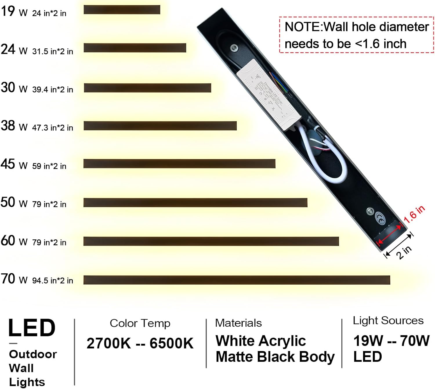 47.24 in Modern Outdoor Wall Light LED 2700K-6500K Dimmable Long Wall Lighting Exterior Light Fixture IP65 Waterproof Wall Lamps, Black Wall Sconce for Garage, House