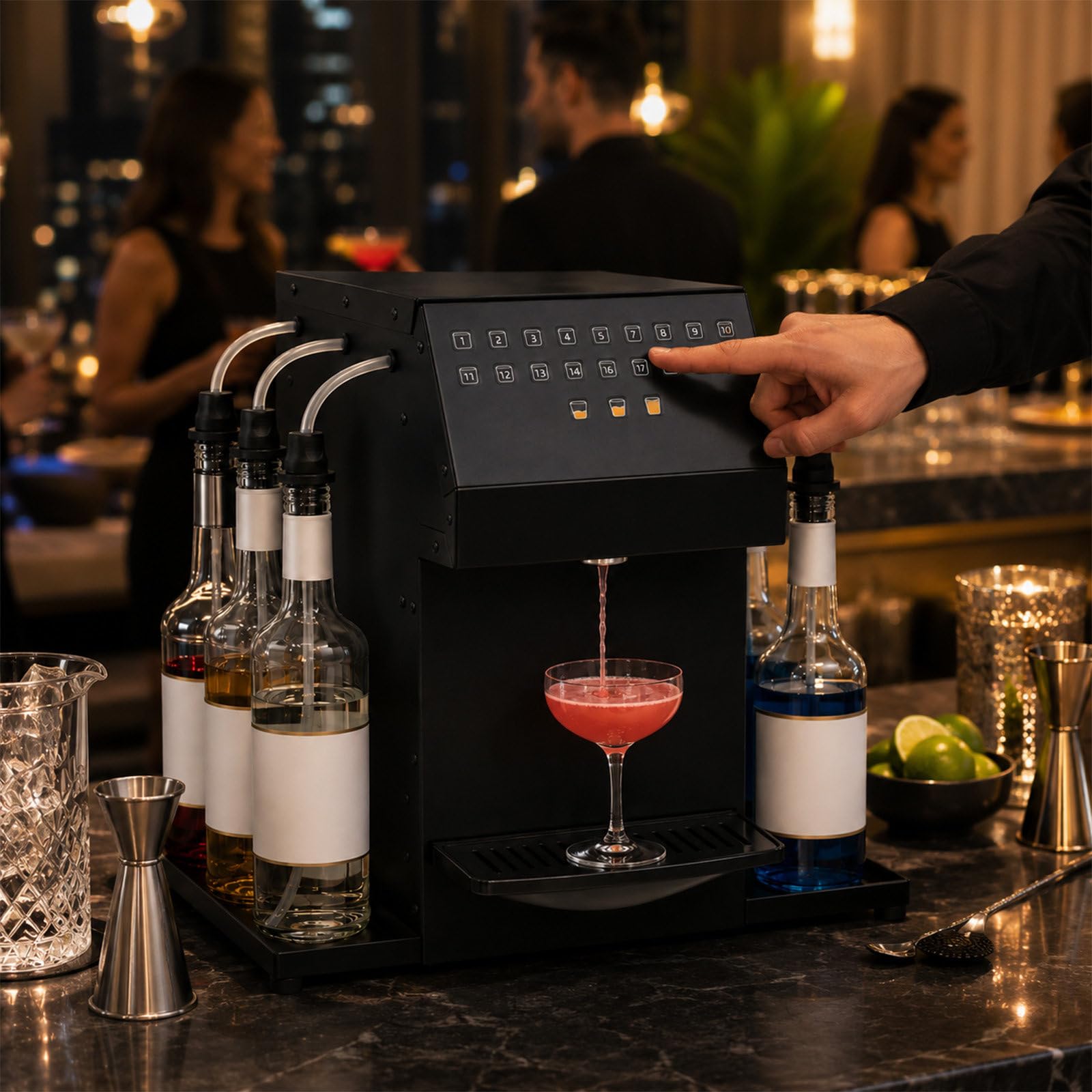 Automatische Cocktail-Maschine | One-Touch-Getränkemixer mit 6 Flaschenstationen & 20 benutzerdefinierten Rezepten | Elektrischer Spender für Hausbar, Partys & Events