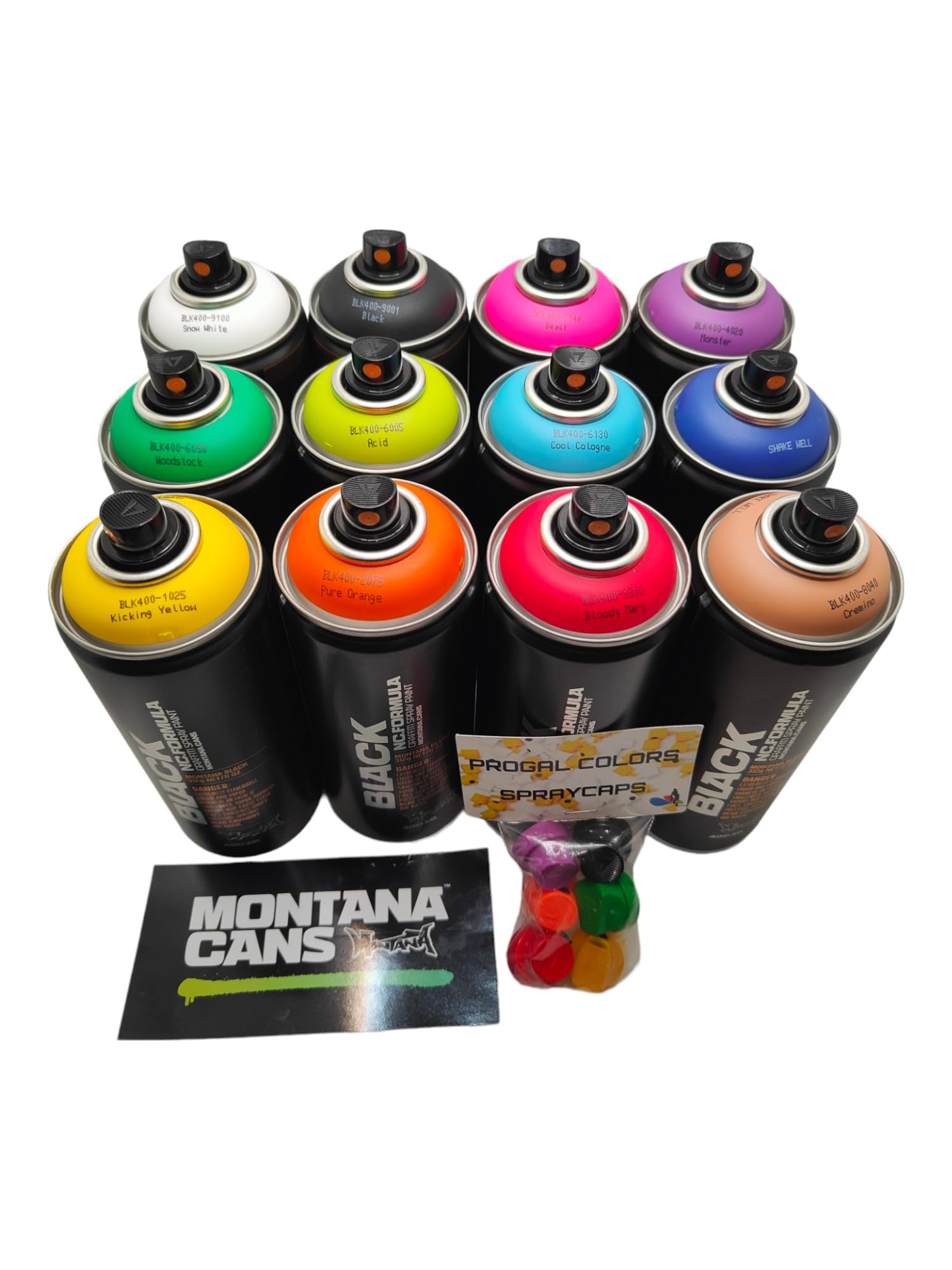 Montana Black 400 ml beliebte Farben, Set mit 12 Graffiti-Streetart-Wandmal-Sprühfarben + 6 Ersatz-Sprühköpfe