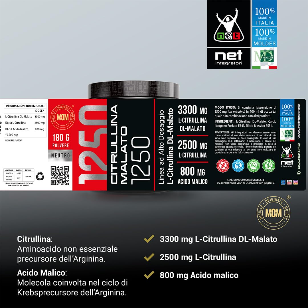 Net Integratori Citrullina Malato 1250 – 180 g Neutro – Integratore Pre Workout per Ossido Nitrico e Pump Muscolare – Massima Resistenza Fisica Energia e Recupero