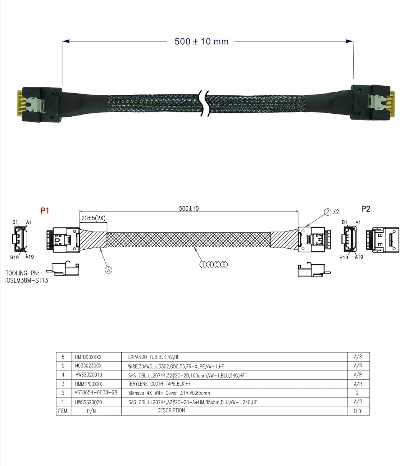 Micro SATA Cables - Slim SAS SFF-8654 4i Straight to Straight Cable, GEN 4, 50CM Length