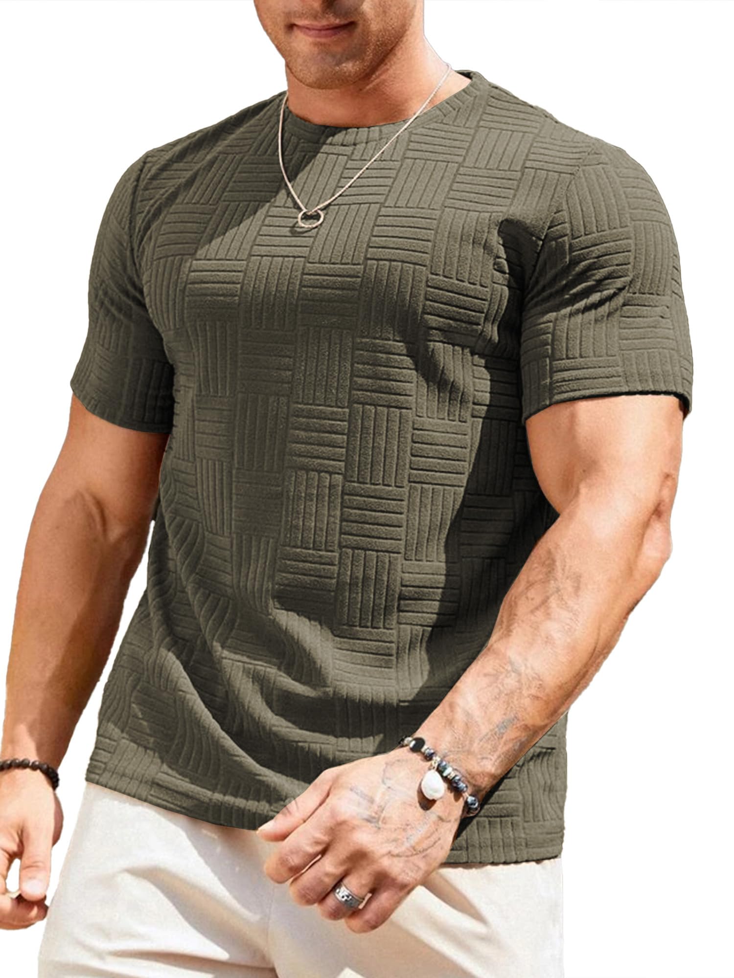 JMIERR Mens T-Shirt Casual Stretch Solid Crewneck Short Sleeve Tees Textured Shirts