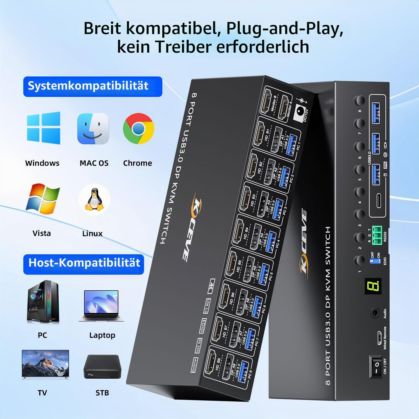 8 Port KVM Switch 2 Monitore HDMI Displayport 4K@60Hz EDID-Simulation, 8 PC Dual Monitor KVM-Switches con 4 USB 3.0 Ports für Tastatur Maus, Audio,RS232,mit Controller,12V Power und 8 USB-Kabeln
