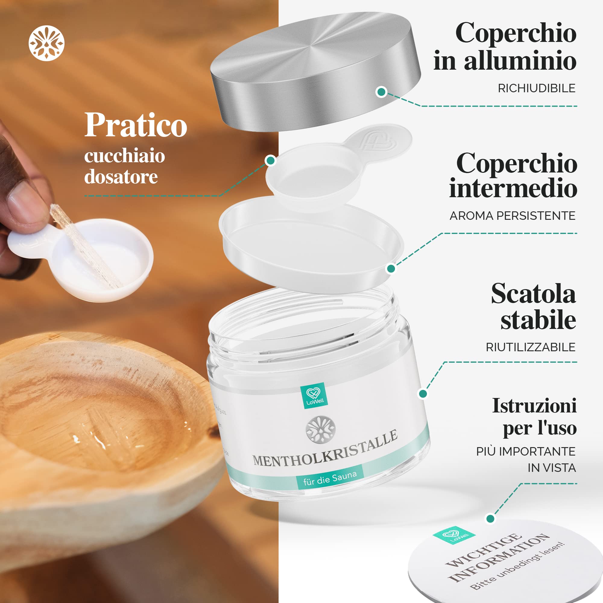 LoWell® 100g Cristalli di mentolo 100% menta pura - Ideale come infuso per la sauna in barattolo richiudibile - Mentolo