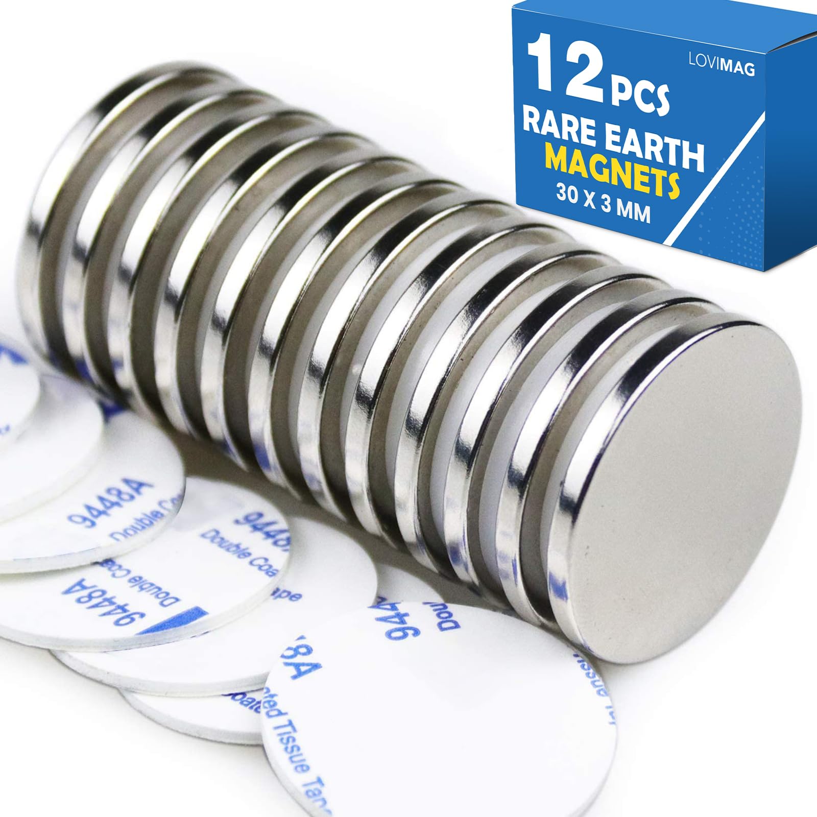 LOVIMAG Strong Neodymium Disc Magnets, Rare Earth Magnet with Double-Sided Adhesive for Fridge, DIY, Building, Scientific, Craft, and Office Magnets - 1.26 inch x 1/8 inch, Pack of 12