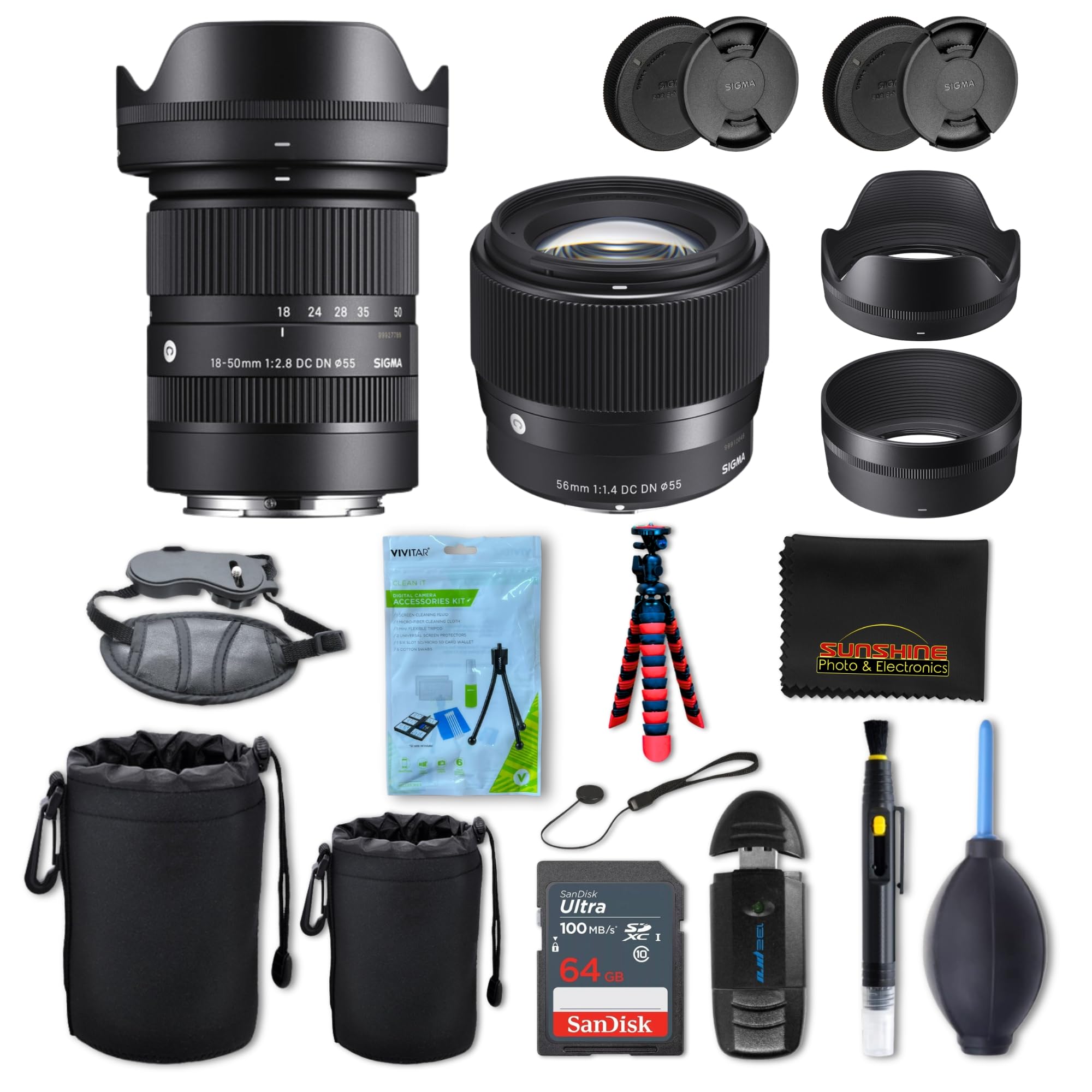 Sigma 18-50mm f2.8 + Sigma 56mm f1.4 DC DN Contemporary Lens for Sony E with Sunshine Photo Accessories Bundle - 4 Years USA Manufacturer Warranty