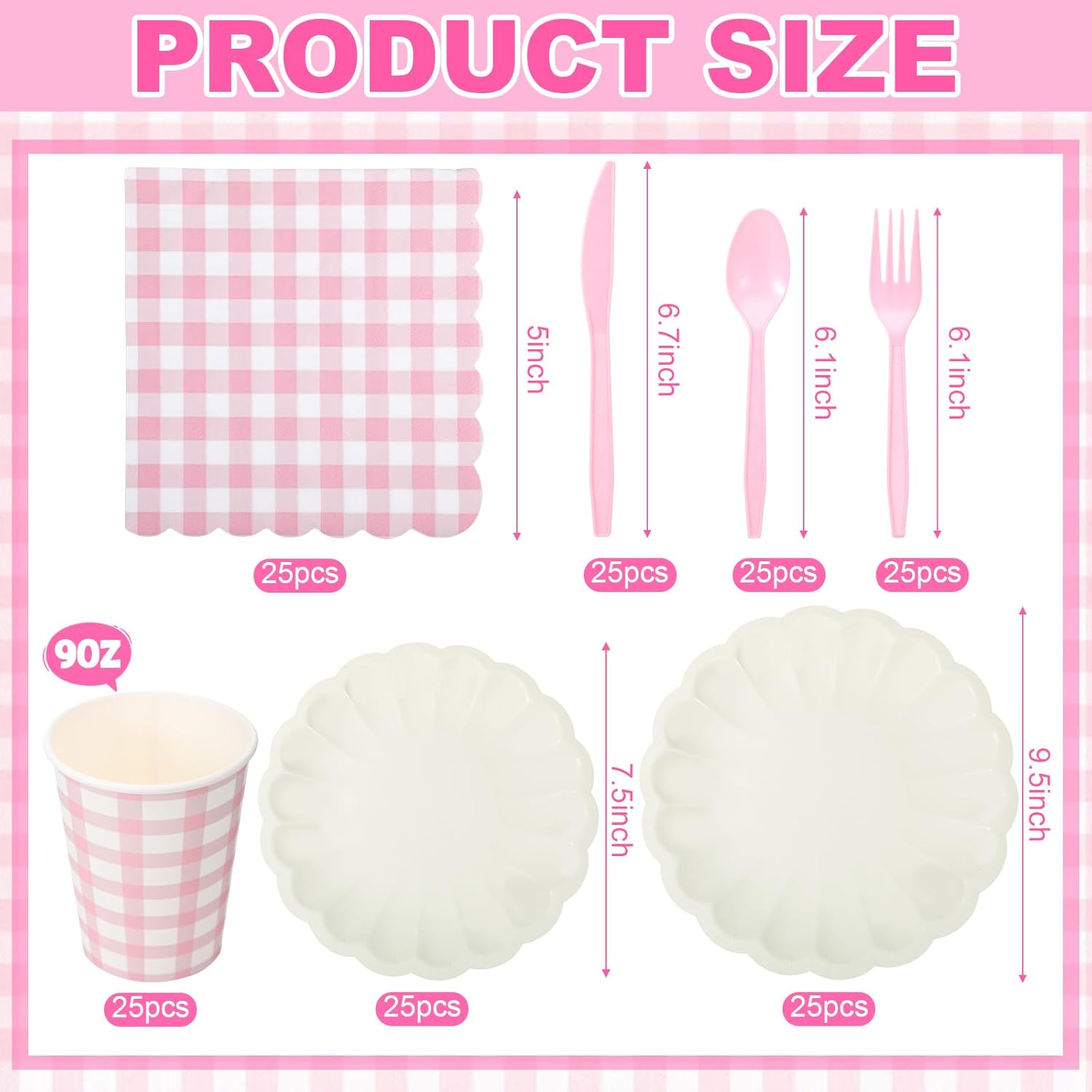 175 Pcs Cream Scalloped Paper Plates Pink Gingham Napkins and Cups Sets for 25 Guest Disposable Napkins Cups Plastic Spoons Forks Knives for One Silly Goose Birthday Baby Shower Party Decor