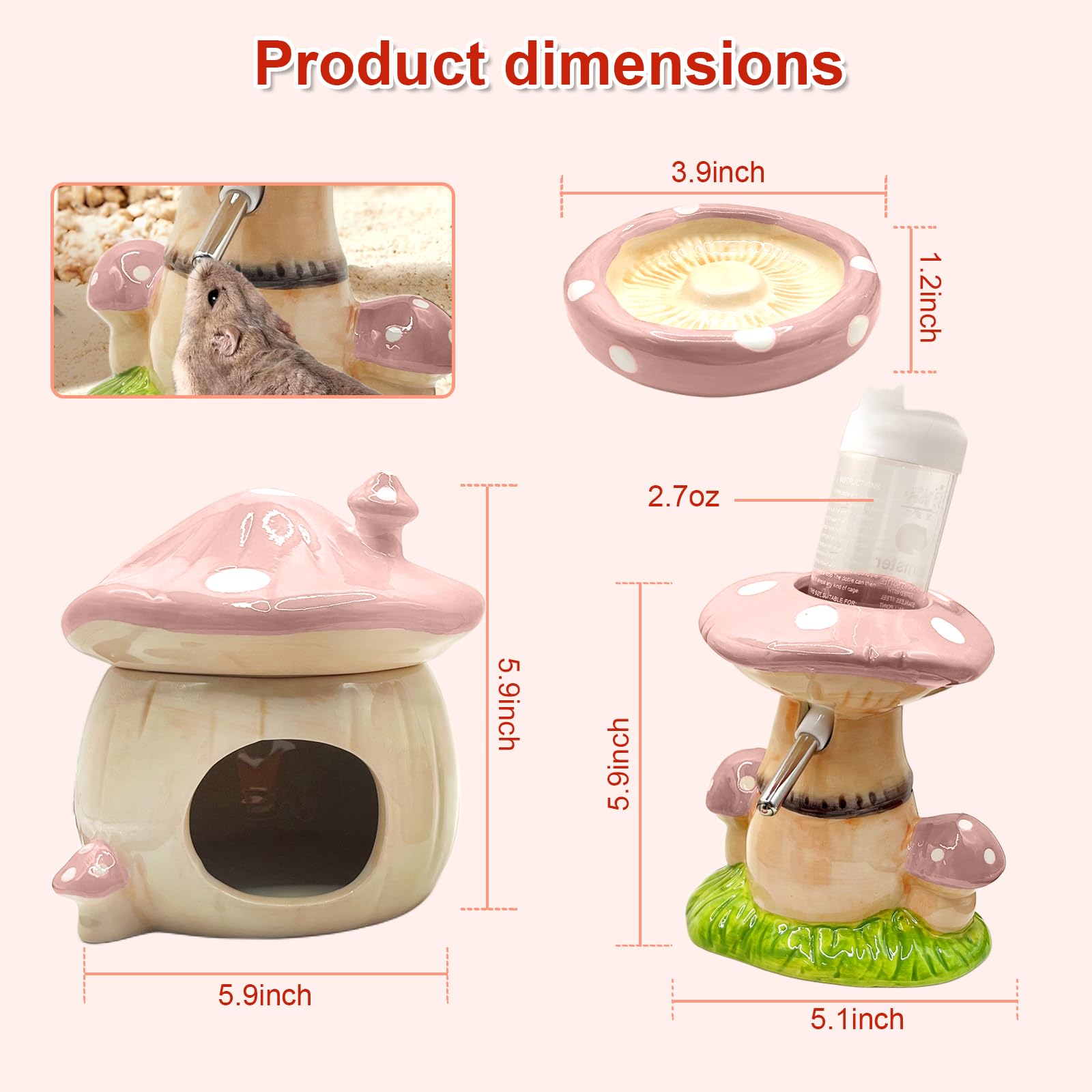 Nascondiglio in ceramica per criceti, bottiglia d'acqua con supporto, ciotola per cibo, accessori per criceti (rosa)