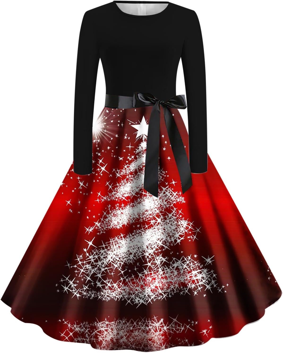Women's Christmas Dresses Snowflake Plaid Print Long Sleeve Vintage Dresses | Classic Holiday Party Dress with Winter Check Pattern Contrast Bodice Full Swing Skirt and Decorative Waist Tie Detail