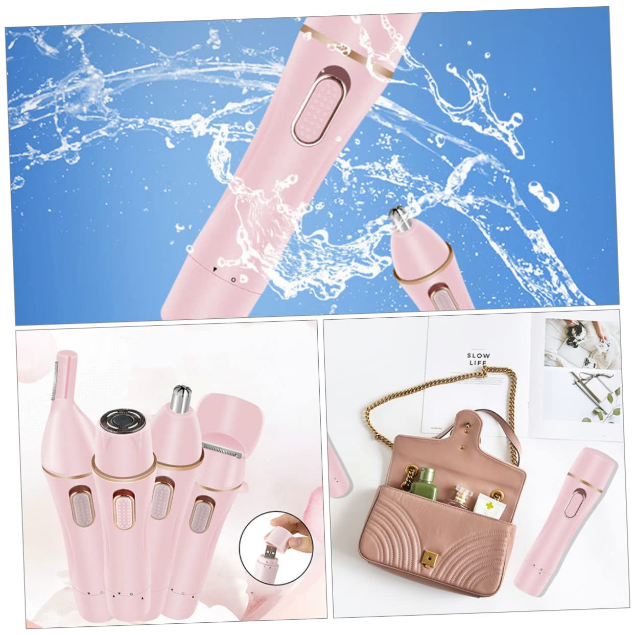 2sets Rasoio Multifunzionale Usb Per Donne Epilatore Portatile e Ricaricabile Per Corpo e Sopracciglia Rosa