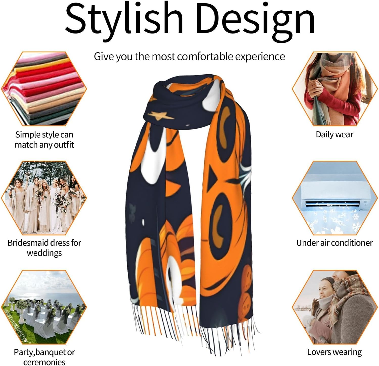 Halloween Owl Ghost Pumpkin Print Polyester Fringed Scarf 77x27 Inch Cozy Stylish Shawl Scarfs With Fringe For Fall, Winter Spring