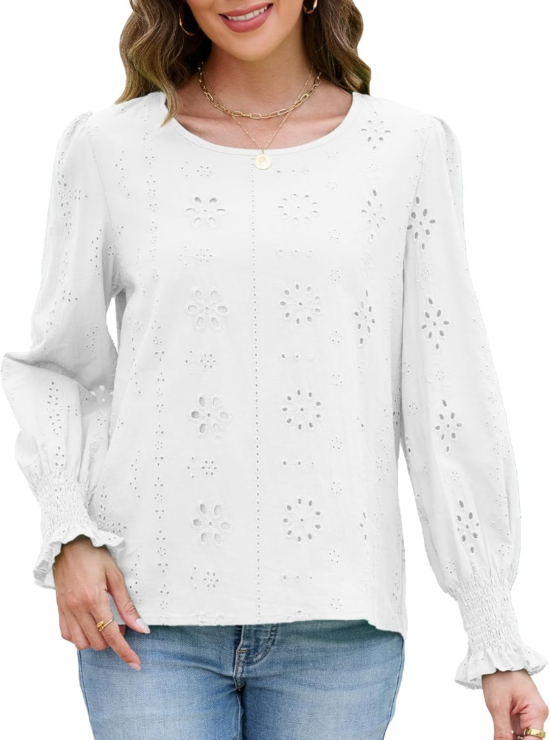 Women's Blouses Long Sleeve Embroidered Eyelet Tops with Lining Dressy Sheer O Neck Cotton Shirts Elegant Blouses 2025