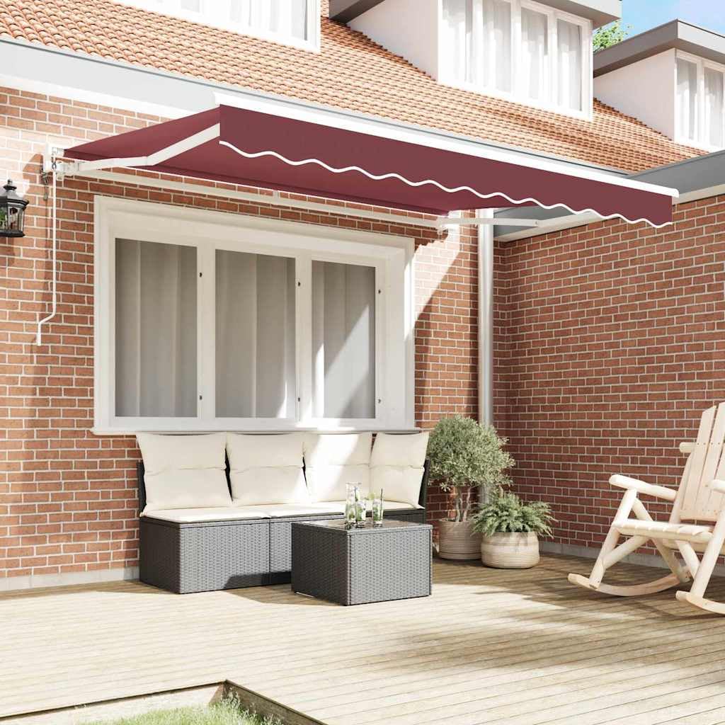 Rama markizy bordowa 300 x 200 cm wykonana z poliestru z powłoką poliuretanową, malowana proszkowo rama aluminiowa, ręczna korba lub elektryczny pilot zdalnego sterowania, na balkon
