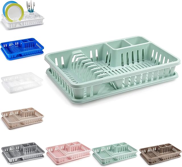 plastific Plastic Dish Drainer Plate Cutlery Rack Kitchen Sink Utensil Draining Cup Holder Plastic Dish Drainer Rack and Plastic Sink Drainer Tray (45 x 29.7 x 8cm, Mint Green)