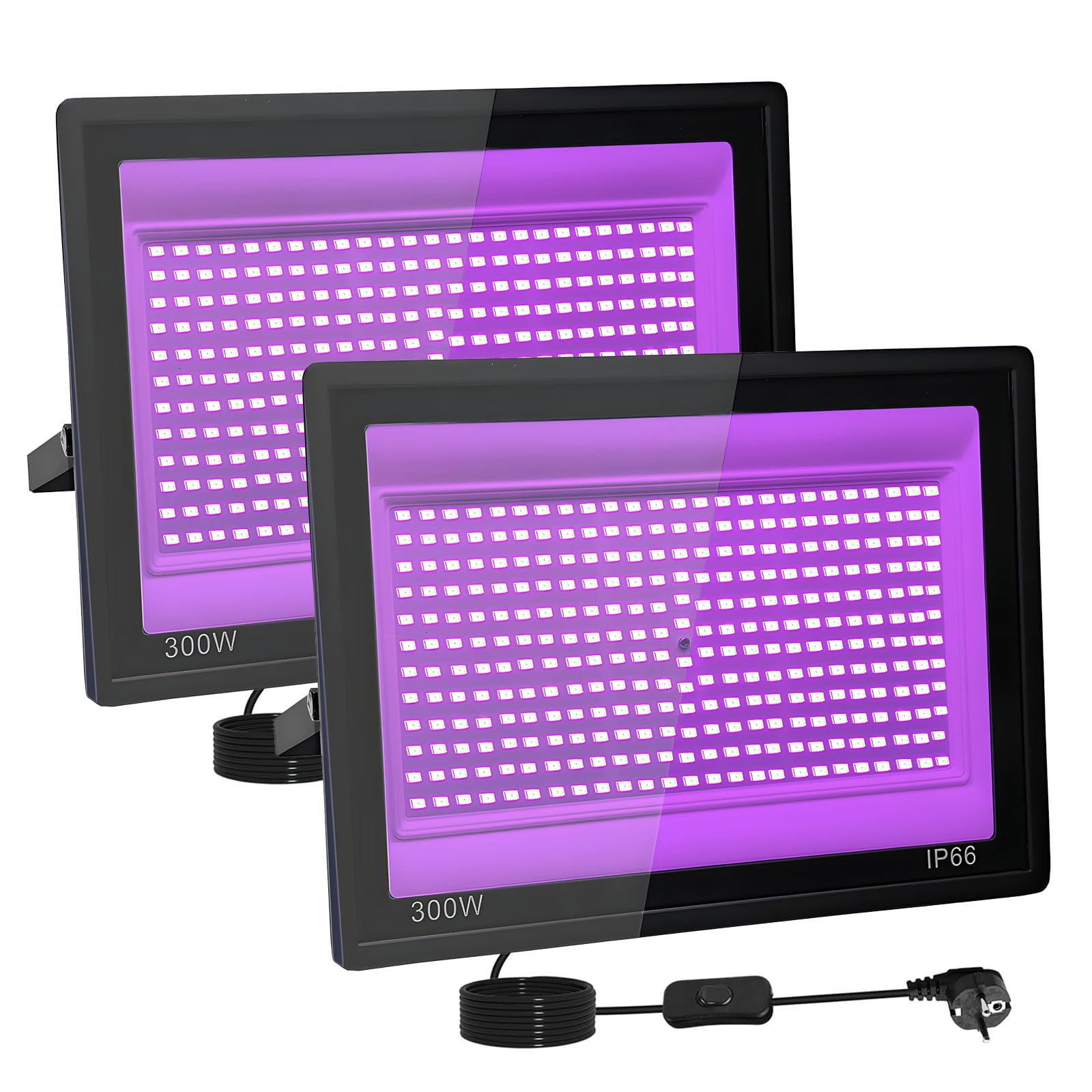 2 Piezas 300W LED Luz Negra, IP66 Impermeable Foco UV Ultravioleta, Luz Negra Ultravioleta Con Interruptor para Halloween, Pintura Corporal, Neón, DJ, Black light Party, Discoteca