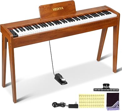 Digital Piano 88 Keys Semi-Weighted Full Size Keyboard for Beginners, Electric Piano with MIDI, Pedal, Keyboard Piano 800 Tones, 600 Rhythms, Dual Speakers, Recording Function Brown