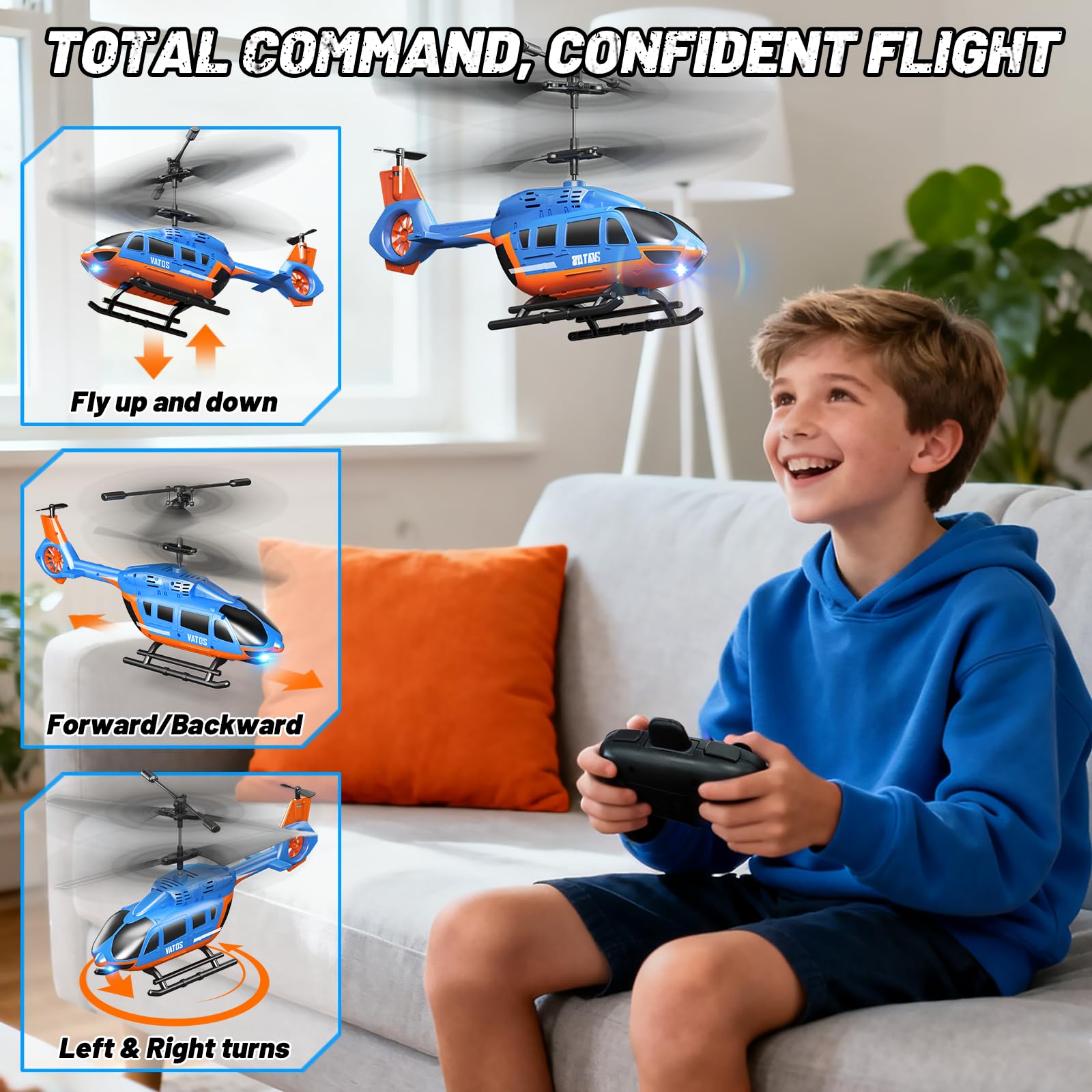 VATOS Helicóptero Teledirigido 2.4G con LED, Fácil de Volar, con Función de Mantenimiento de Altitud, Despegue con un Solo Botón y Aviso de Batería Baja. Ideal para Niños a Partir de 10 Años