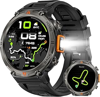 GPS Smartwatch Militare Uomo Impermeabile 3ATM con Torcia LED Bussola, 1,45" HD Rugged Smartwatch Orologio con Chiamate Bluetooth, Fitness Watch con Cardiaca SpO2 Notifiche WhatsApp per Android iOS