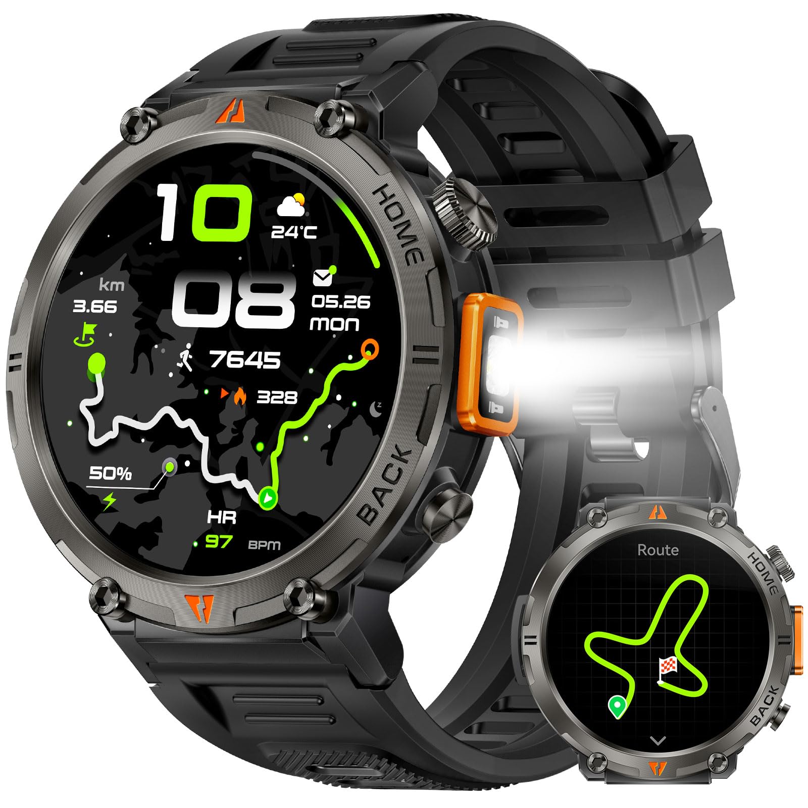 GPS Smartwatch Militare Uomo Impermeabile 3ATM con Torcia LED Bussola, 1,45" HD Rugged Smartwatch Orologio con Chiamate Bluetooth, Fitness Watch con Cardiaca SpO2 Notifiche WhatsApp per Android iOS