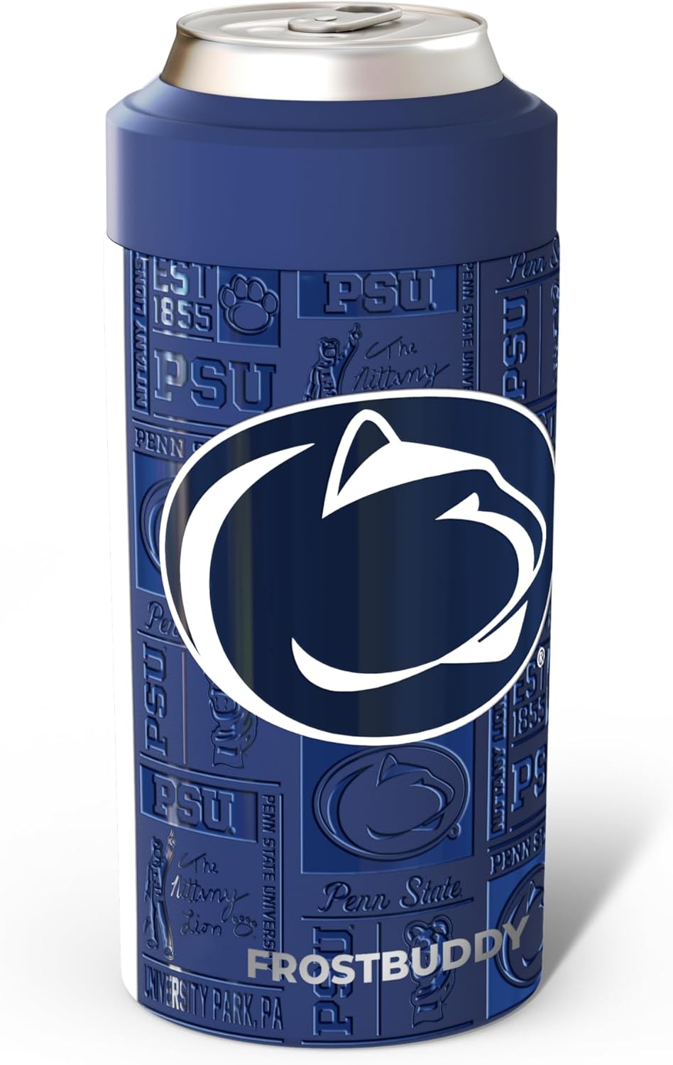 Frost Buddy Universal Can Cooler - Fits All - Stainless Steel Can Cooler for 12 oz & 16 oz Regular or Slim Cans & Bottles - Stainless Steel (Penn State Nittany Lions | 3D)