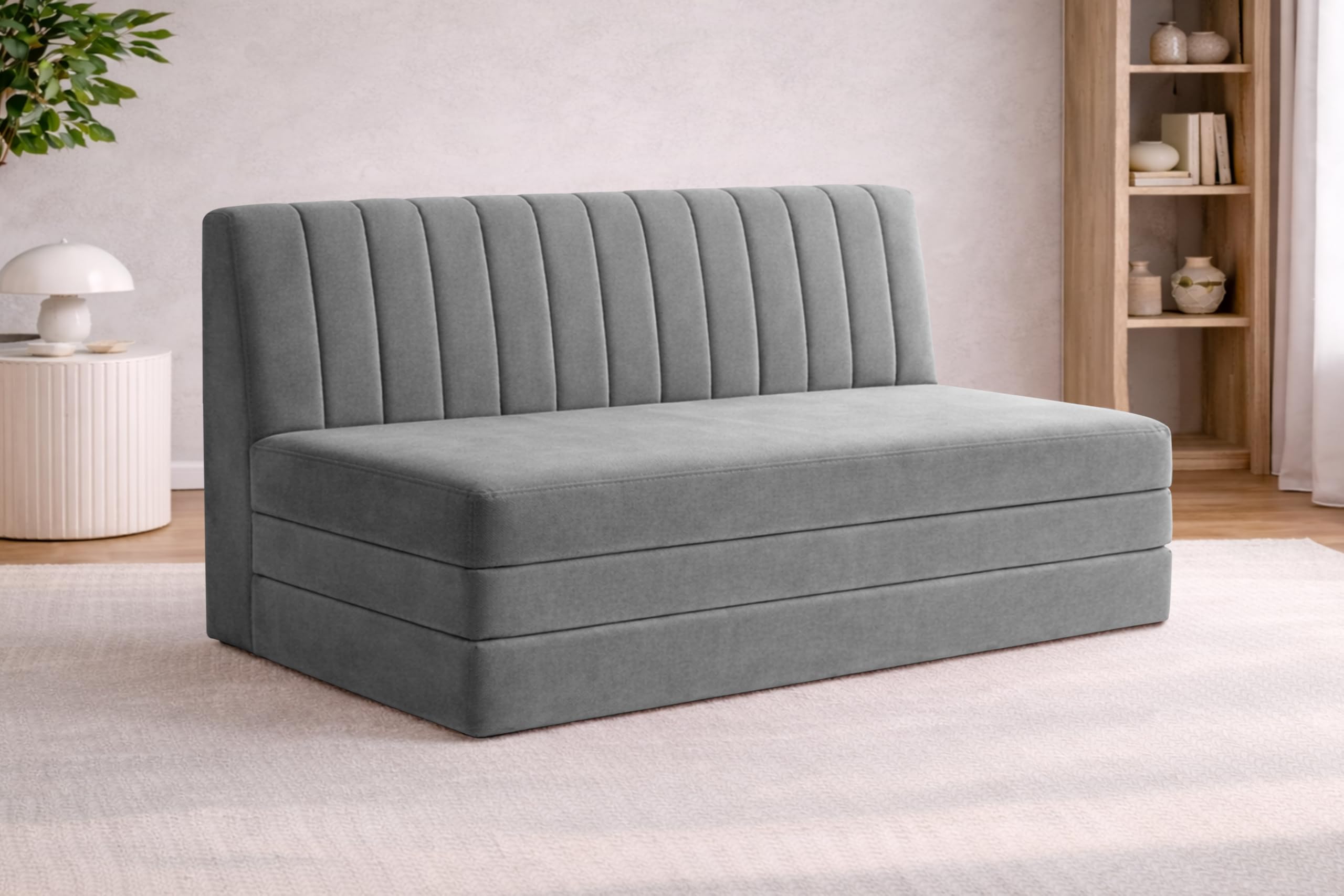 Rosebell 5x6-3 Seater Upholstered Armless Sofa Cum Bed with Backrest | Soft Velvet Fabric Finish | Modern Living Room & Bedroom -Grey